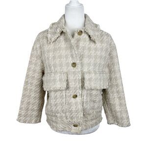 H&M Tweed Blazer Women Small Tan Cream Button Up Outer Jacket Career